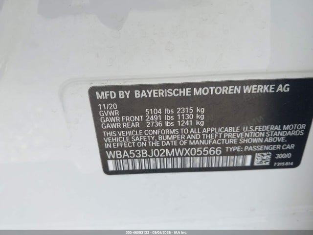 Aukcja sprzedaży 2021 Bmw 540i, vin: WBA53BJ02MWX05566, numer aukcji: 46053133