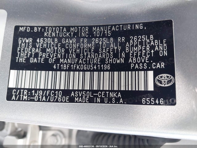 46053136 :رقم المزاد ، 4T1BF1FK0GU541196 vin ، 2016 Toyota Camry Le مزاد بيع