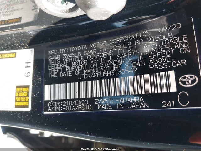 2021 Toyota Prius Xle მანქანა იყიდება აუქციონზე, vin: JTDKAMFU5M3135549, აუქციონის ნომერი: 46053137