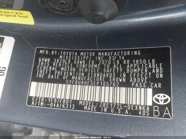 46053144 :رقم المزاد ، 5YFBURHE5EP105762 vin ، 2014 Toyota Corolla Le مزاد بيع