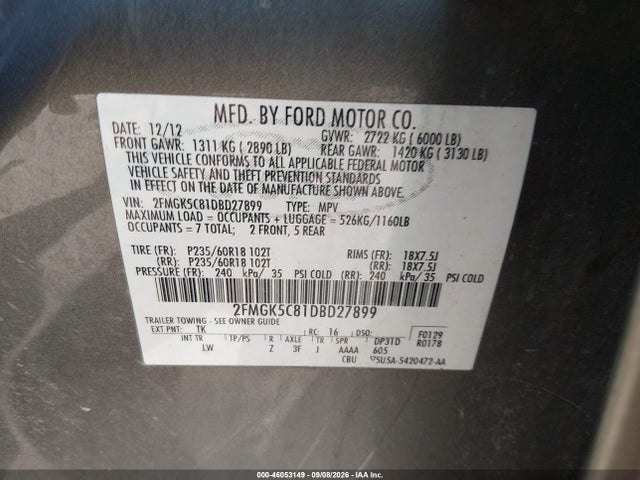 46053149 :رقم المزاد ، 2FMGK5C81DBD27899 vin ، 2013 Ford Flex Sel مزاد بيع