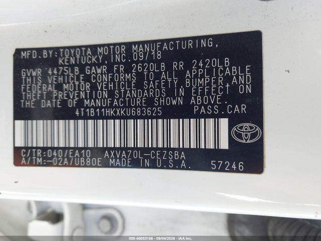 46053166 :رقم المزاد ، 4T1B11HKXKU683625 vin ، 2019 Toyota Camry Se مزاد بيع