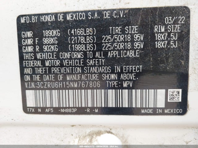 Продаж на аукціоні авто 2022 Honda Hr-v Awd Sport, vin: 3CZRU6H15NM767806, номер лоту: 46053172