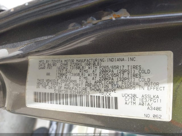 Auction sale of the 2003 Toyota Tundra Limited V8, vin: 5TBRT38163S409353, lot number: 46053181