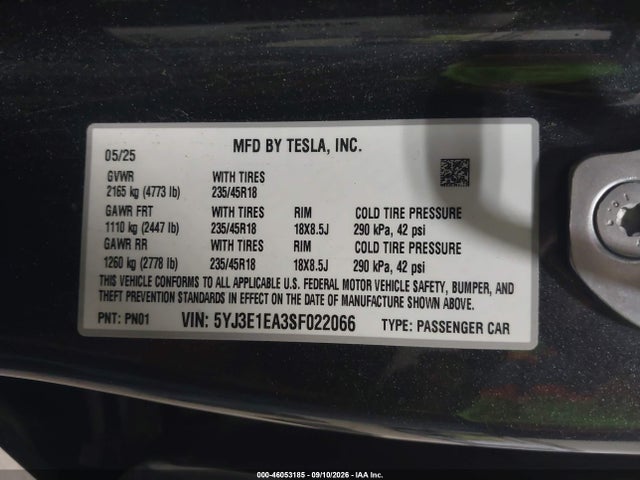 5YJ3E1EA3SF022066 Tesla Model 3 Long Range Rear-wheel Drive/standard Rear-wheel Drive