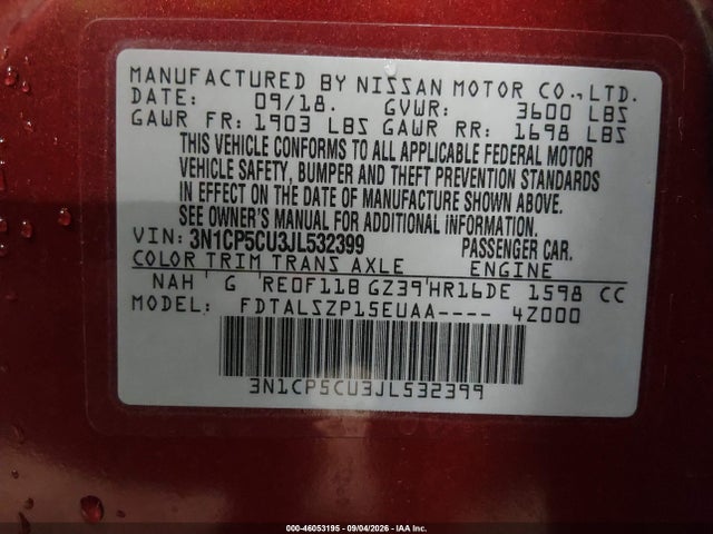 46053195 :رقم المزاد ، 3N1CP5CU3JL532399 vin ، 2018 Nissan Kicks Sv مزاد بيع
