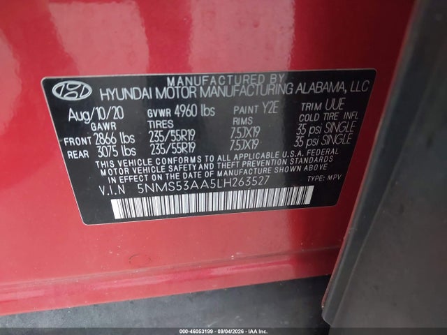 Продаж на аукціоні авто 2020 Hyundai Santa Fe Limited 2.0t, vin: 5NMS53AA5LH263527, номер лоту: 46053199
