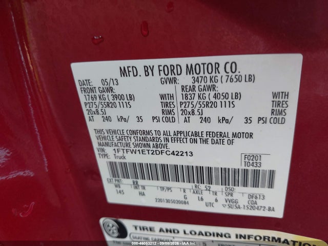 46053212 :رقم المزاد ، 1FTFW1ET2DFC42213 vin ، 2013 Ford F-150 Lariat مزاد بيع