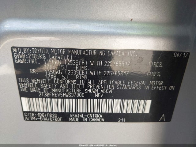Aukcja sprzedaży 2017 Toyota Rav4 Le, vin: 2T3BFREV5HW637800, numer aukcji: 46053226