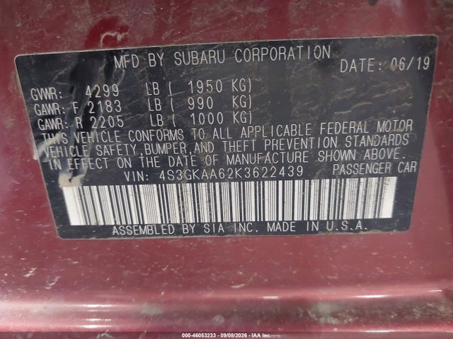 Продаж на аукціоні авто 2019 Subaru Impreza 2.0i, vin: 4S3GKAA62K3622439, номер лоту: 46053233
