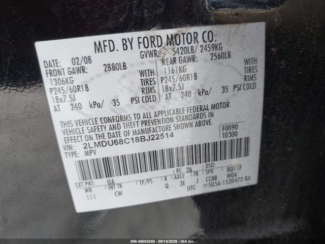 Aukcja sprzedaży 2008 Lincoln Mkx, vin: 2LMDU68C18BJ22514, numer aukcji: 46053248
