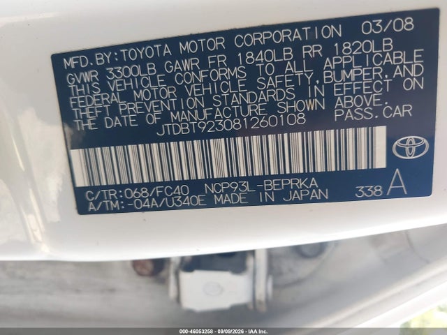 46053258 :رقم المزاد ، JTDBT923081260108 vin ، 2008 Toyota Yaris مزاد بيع