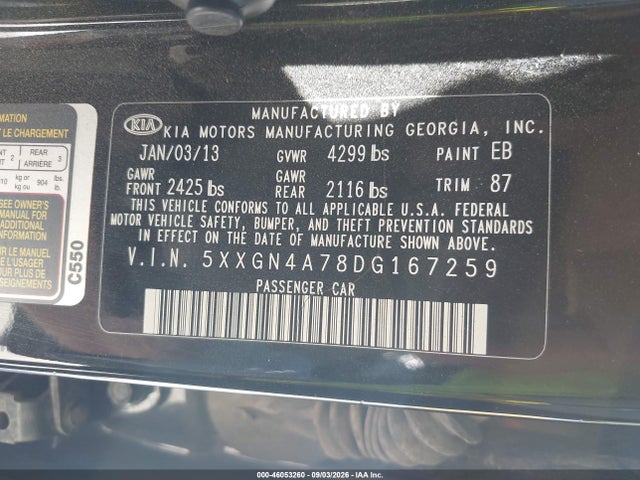Aukcja sprzedaży 2013 Kia Optima Ex, vin: 5XXGN4A78DG167259, numer aukcji: 46053260