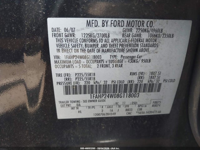 2008 Ford Taurus Sel მანქანა იყიდება აუქციონზე, vin: 1FAHP24W08G118003, აუქციონის ნომერი: 46053265