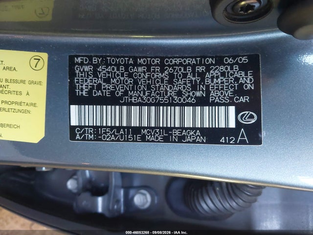 2005 Lexus Es 330 მანქანა იყიდება აუქციონზე, vin: JTHBA30G755130046, აუქციონის ნომერი: 46053268