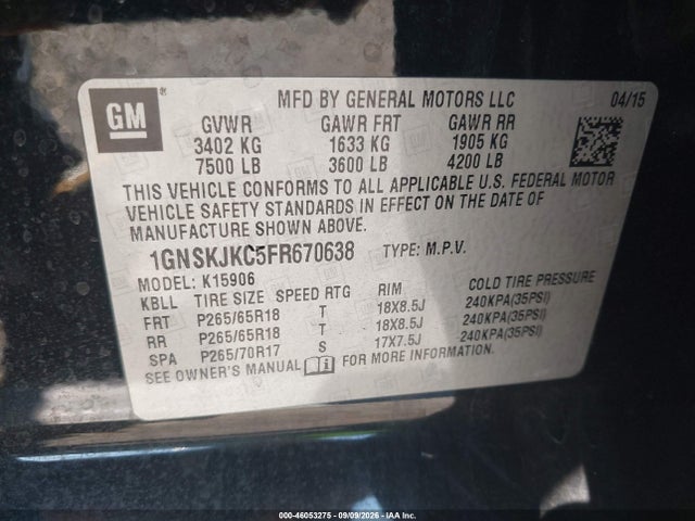 Продажа на аукционе авто 2015 Chevrolet Suburban 1500 Lt, vin: 1GNSKJKC5FR670638, номер лота: 46053275