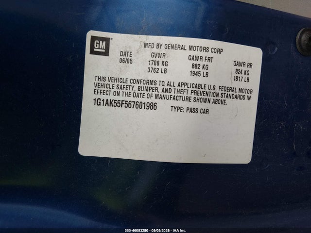 Aukcja sprzedaży 2006 Chevrolet Cobalt Ls, vin: 1G1AK55F567601986, numer aukcji: 46053280