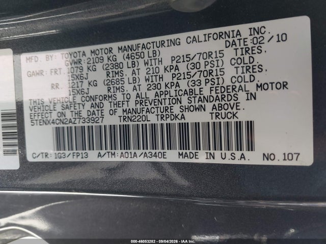 46053282 :رقم المزاد ، 5TENX4CN2AZ733927 vin ، 2010 Toyota Tacoma مزاد بيع
