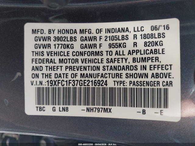 46053288 :رقم المزاد ، 19XFC1F37GE216924 vin ، 2016 Honda Civic Ex-t مزاد بيع