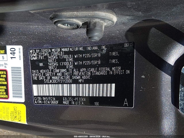 46053309 :رقم المزاد ، 5TDJK3DC7FS112000 vin ، 2015 Toyota Sienna Le 7 Passenger مزاد بيع