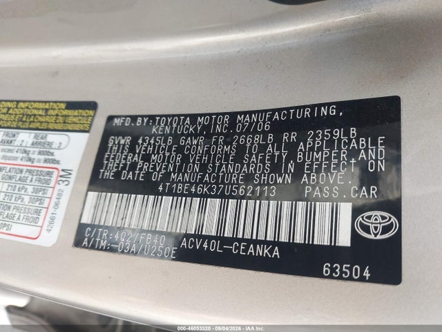 Aukcja sprzedaży 2007 Toyota Camry Ce, vin: 4T1BE46K37U562113, numer aukcji: 46053320