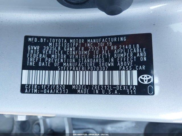 2020 Toyota Corolla Le მანქანა იყიდება აუქციონზე, vin: 5YFEPRAE8LP070307, აუქციონის ნომერი: 46053329