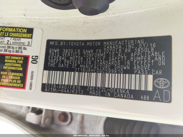 2016 Toyota Corolla Le მანქანა იყიდება აუქციონზე, vin: 2T1BURHE0GC599810, აუქციონის ნომერი: 46053343