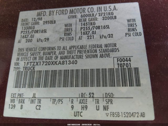 Продаж на аукціоні авто 1999 Ford F-150 Work Series/xl/xlt, vin: 1FTZX1720XKA81340, номер лоту: 46053346