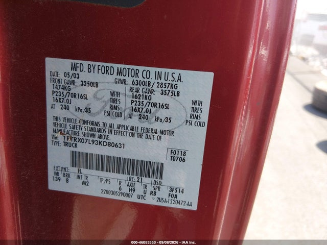 46053350 :رقم المزاد ، 1FTRX07L93KD80631 vin ، 2003 Ford F-150 Lariat/xl/xlt مزاد بيع