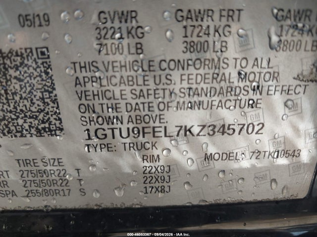 2019 Gmc Sierra 1500 Denali მანქანა იყიდება აუქციონზე, vin: 1GTU9FEL7KZ345702, აუქციონის ნომერი: 46053367