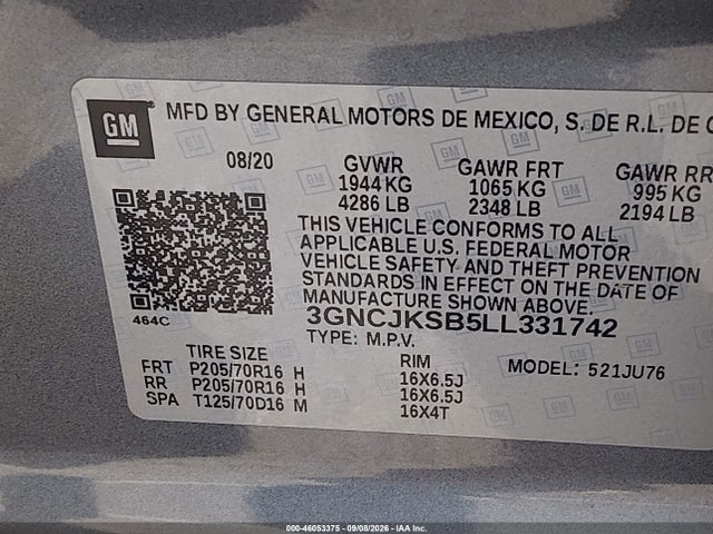 Aukcja sprzedaży 2020 Chevrolet Trax Fwd Ls, vin: 3GNCJKSB5LL331742, numer aukcji: 46053375