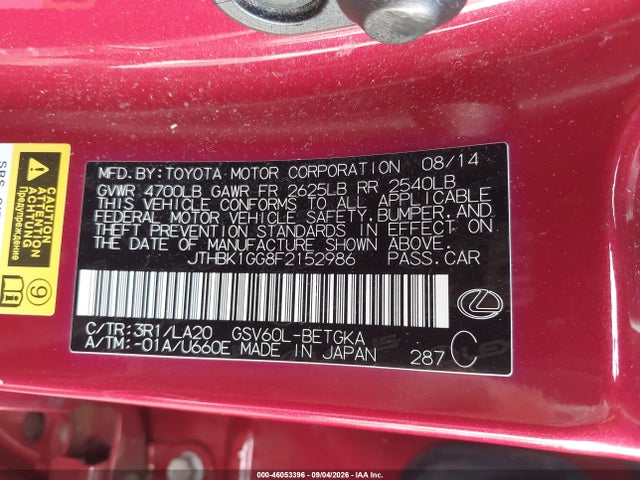 Aukcja sprzedaży 2015 Lexus Es 350, vin: JTHBK1GG8F2152986, numer aukcji: 46053396
