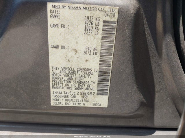 2018 Nissan Altima 2.5 Sv მანქანა იყიდება აუქციონზე, vin: 1N4AL3AP3JC236382, აუქციონის ნომერი: 46053401