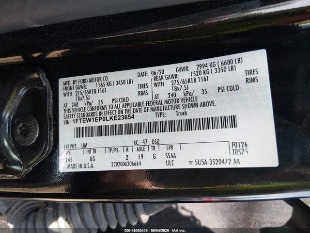46053408 :رقم المزاد ، 1FTEW1EP0LKE23654 vin ، 2020 Ford F-150 Xlt مزاد بيع