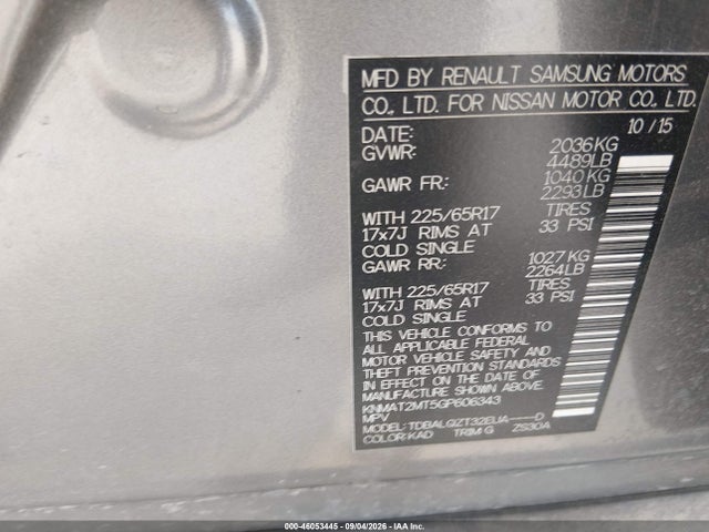 46053445 :رقم المزاد ، KNMAT2MT5GP606343 vin ، 2016 Nissan Rogue Sv مزاد بيع
