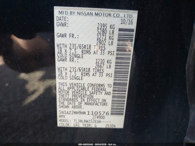 Aukcja sprzedaży 2017 Nissan Murano Sl, vin: 5N1AZ2MH9HN110576, numer aukcji: 46053448