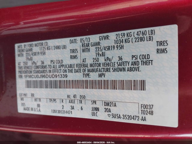 46053454 :رقم المزاد ، 1FMCU0J96DUD91339 vin ، 2013 Ford Escape Titanium مزاد بيع