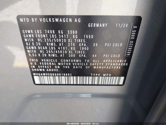 46053458 :رقم المزاد ، WVGAWVEB8SH018692 vin ، 2025 Volkswagen Id. Buzz Pro S مزاد بيع