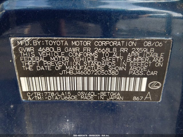 Продажа на аукционе авто 2007 Lexus Es 350, vin: JTHBJ46G072050380, номер лота: 46053476