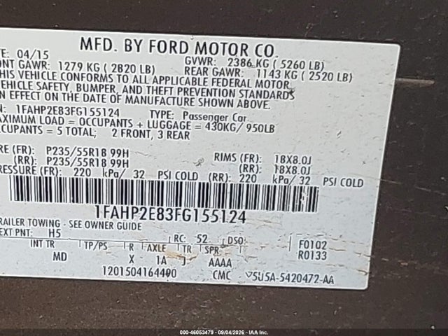 Aukcja sprzedaży 2015 Ford Taurus Sel, vin: 1FAHP2E83FG155124, numer aukcji: 46053479
