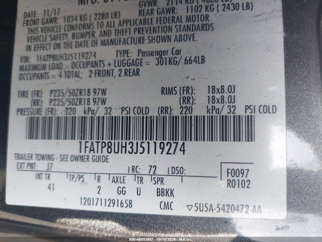 Продажа на аукционе авто 2018 Ford Mustang Ecoboost Premium, vin: 1FATP8UH3J5119274, номер лота: 46053487