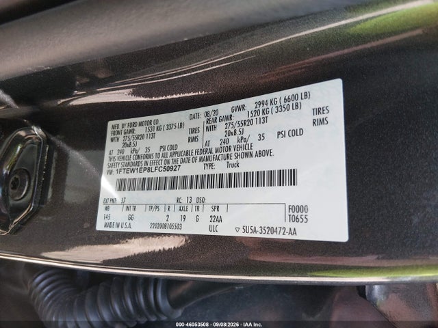 46053508 :رقم المزاد ، 1FTEW1EP8LFC50927 vin ، 2020 Ford F-150 Xl مزاد بيع
