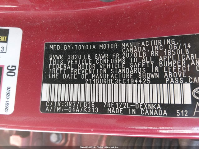 46053539 :رقم المزاد ، 2T1BURHE3EC194425 vin ، 2014 Toyota Corolla Le مزاد بيع