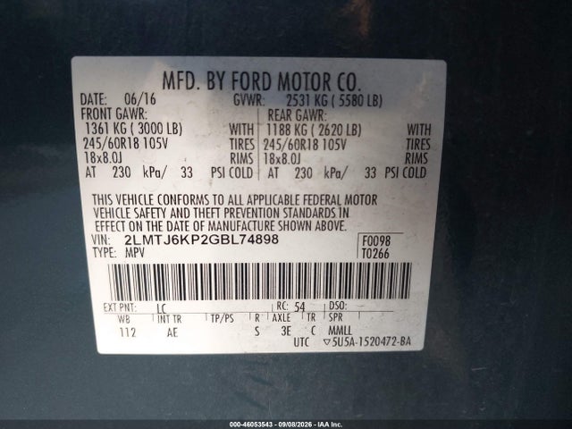 46053543 :رقم المزاد ، 2LMTJ6KP2GBL74898 vin ، 2016 Lincoln Mkx Select مزاد بيع