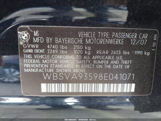 Продажа на аукционе авто 2008 Bmw M3, vin: WBSVA93598E041071, номер лота: 46053553