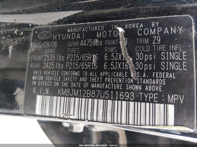 46053555 :رقم المزاد ، KM8JM12B87U511693 vin ، 2007 Hyundai Tucson Gls مزاد بيع