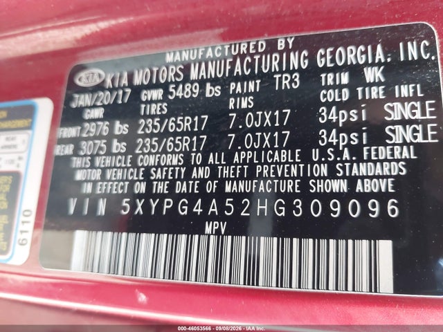 Aukcja sprzedaży 2017 Kia Sorento 3.3l Lx, vin: 5XYPG4A52HG309096, numer aukcji: 46053566