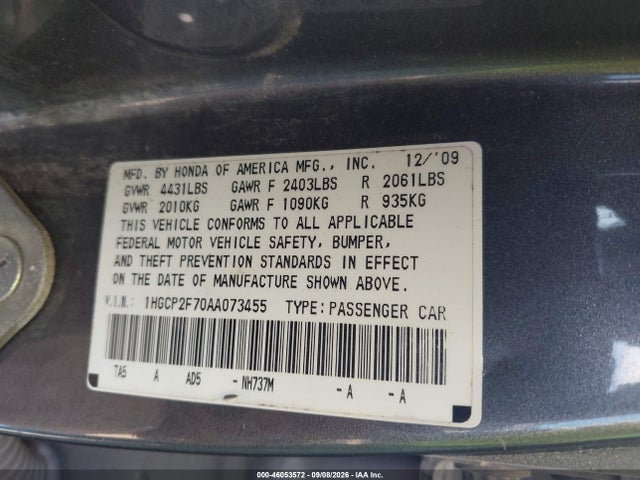 2010 Honda Accord 2.4 Ex მანქანა იყიდება აუქციონზე, vin: 1HGCP2F70AA073455, აუქციონის ნომერი: 46053572