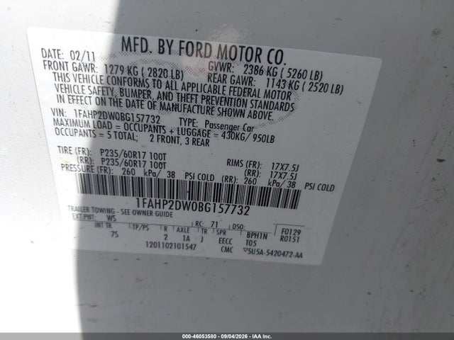 Продажа на аукционе авто 2011 Ford Taurus Se, vin: 1FAHP2DW0BG157732, номер лота: 46053580