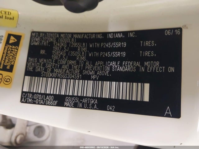 46053592 :رقم المزاد ، 5TDDKRFH5GS304591 vin ، 2016 Toyota Highlander Limited Platinum V6 مزاد بيع